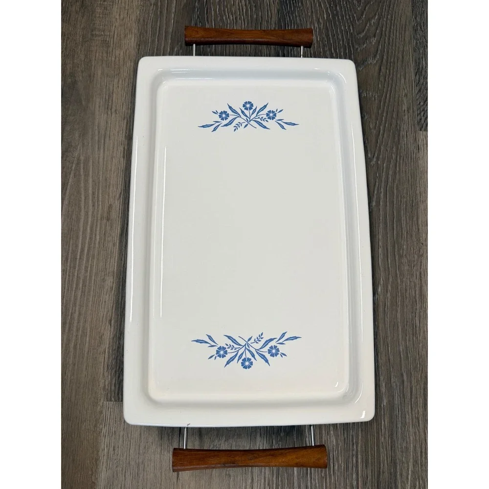 Vintage Corning Ware Blue Cornflower Electric Warming Tray Wood Handle No Cord
